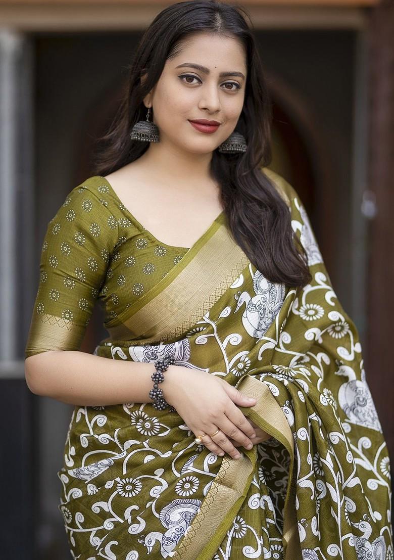 Olive Printed Blended Saree Set