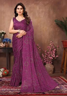 Purple Embellished Blended Saree Set