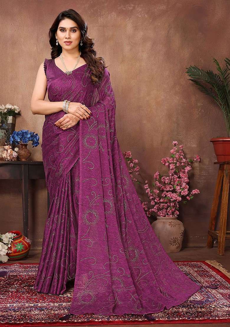 Purple Embellished Blended Saree Set for Diwali | Wedding & Festive Wear - Indya