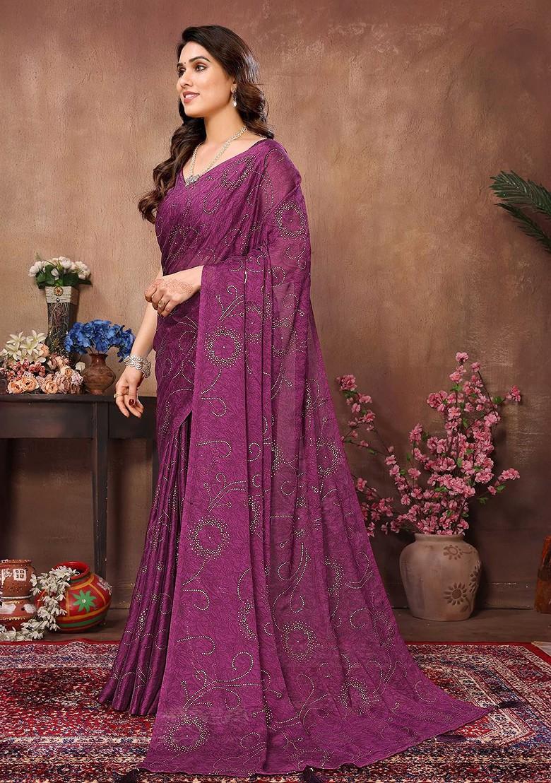 Purple Embellished Blended Saree Set - Indya