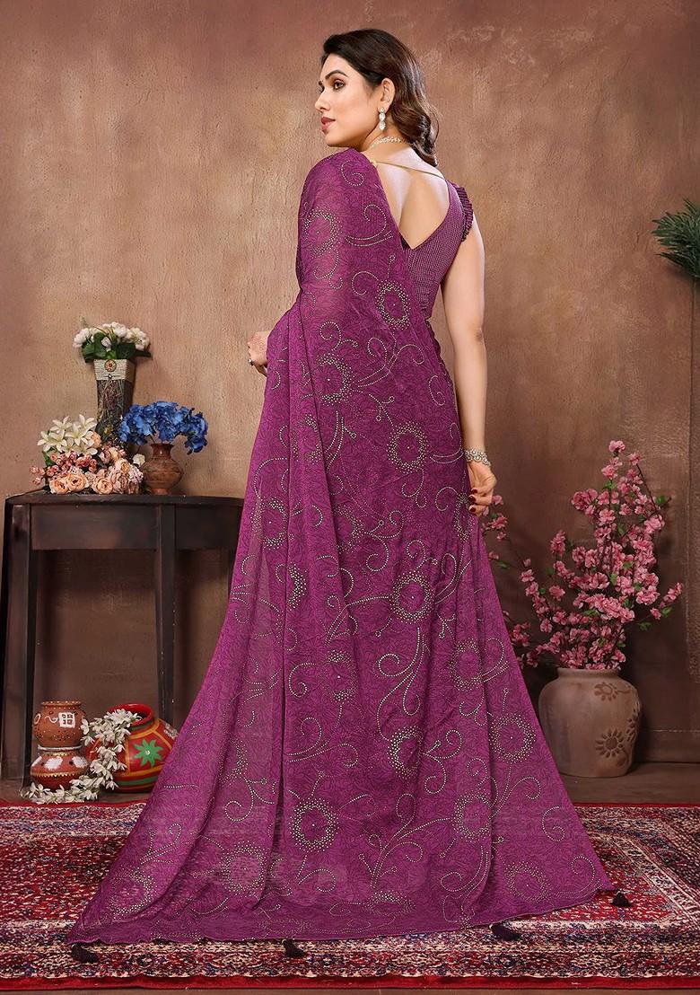 Purple Embellished Blended Saree Set - Indya