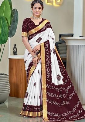 Brown Printed Blended Saree Set