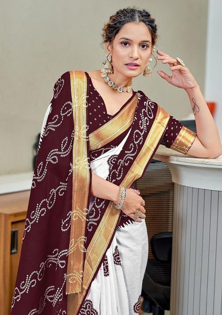Brown Printed Blended Saree Set - Indya