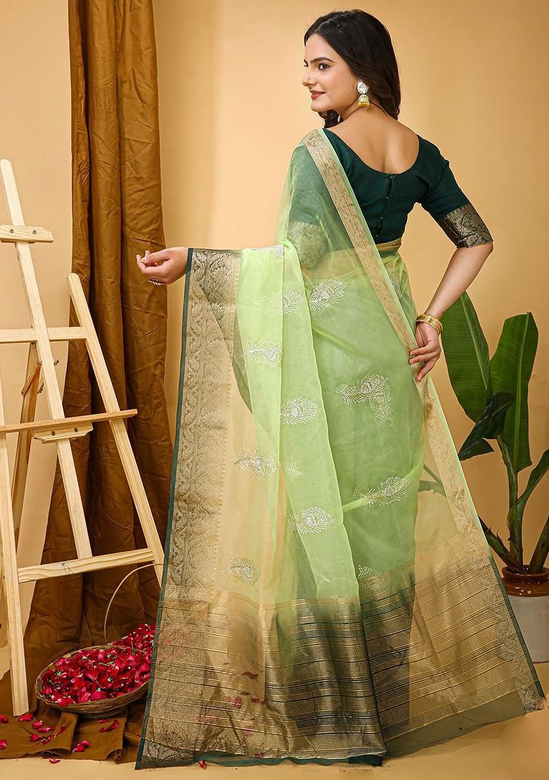 Green Zari Printed Blended Saree Set - Indya