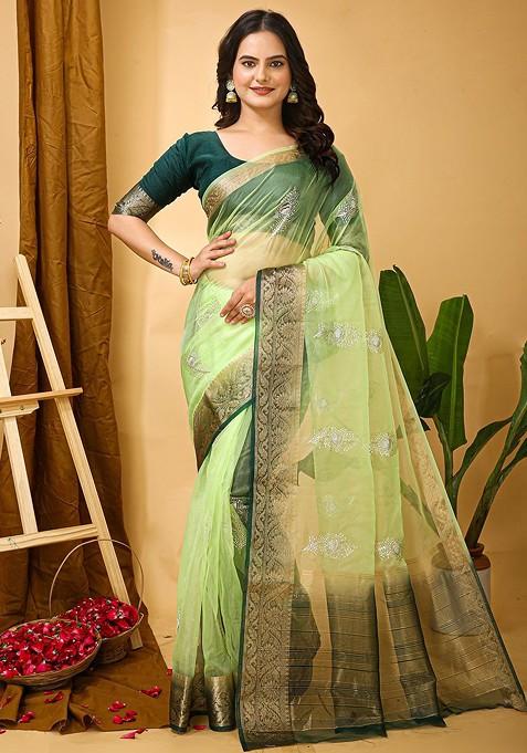 Green Zari Printed Blended Saree Set