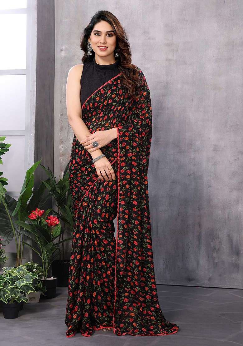 Black Floral Print Blended Saree Set for Diwali and Festive Wear - Indya