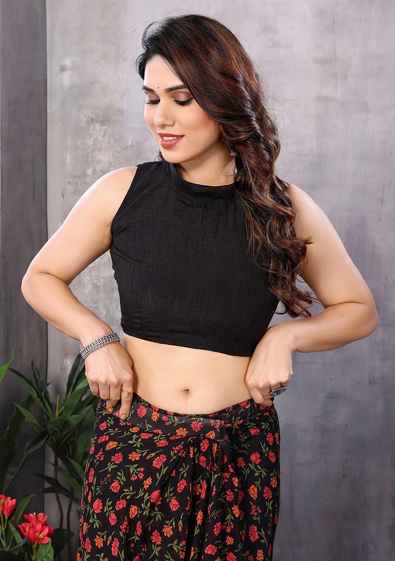 Black Floral Print Blended Saree Set - Indya