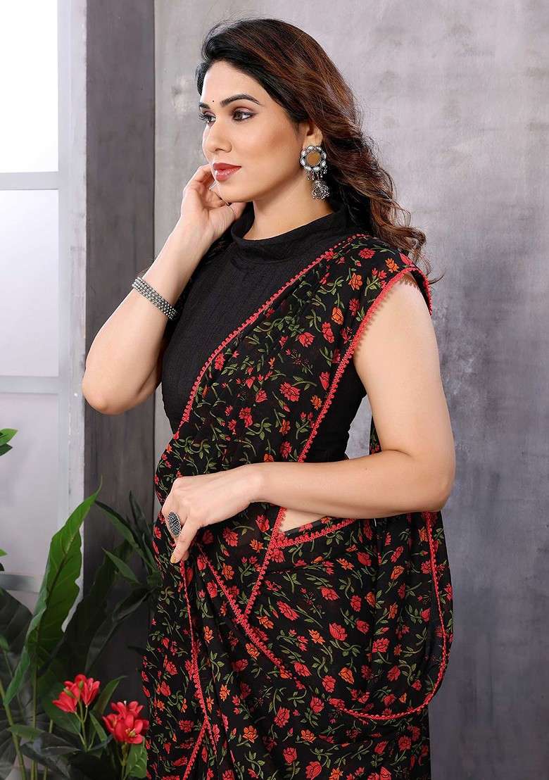 Black Floral Print Blended Saree Set for Diwali and Festive Wear - Indya