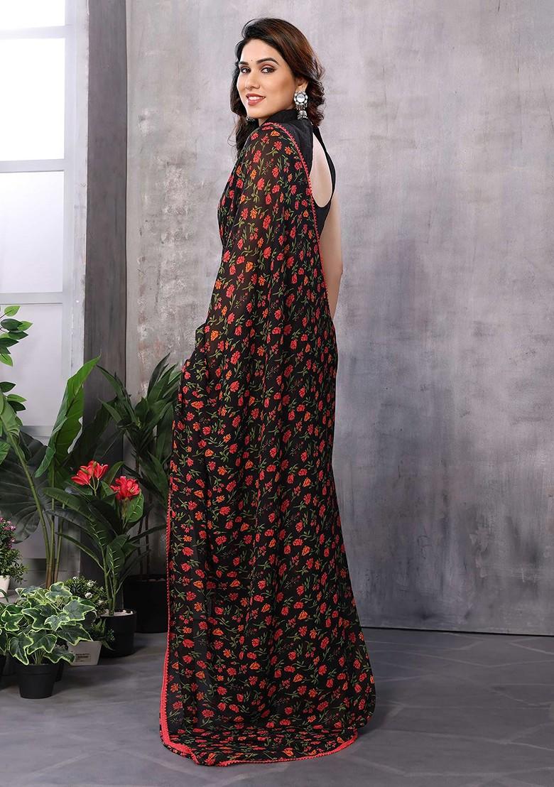 Black Floral Print Blended Saree Set - Indya