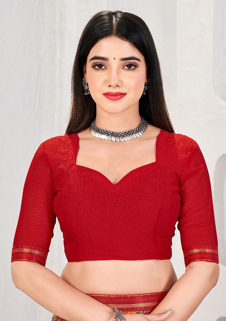 Red Floral Print Blended Saree Set