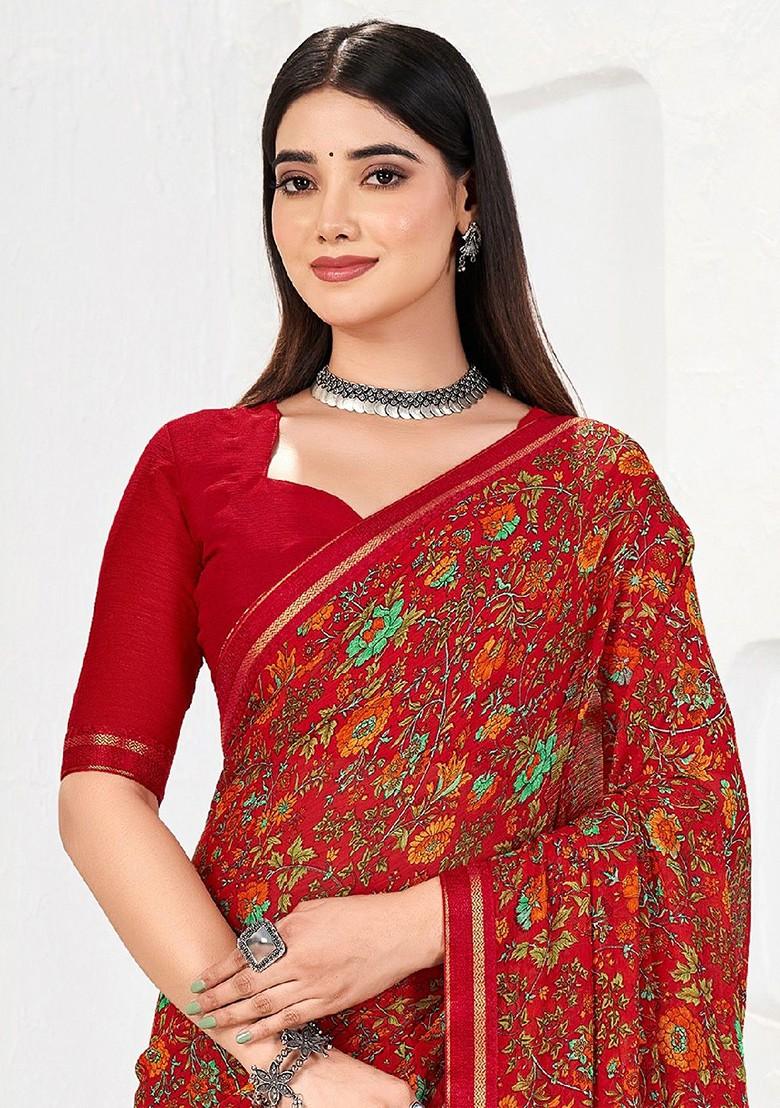 Red Floral Print Blended Saree Set