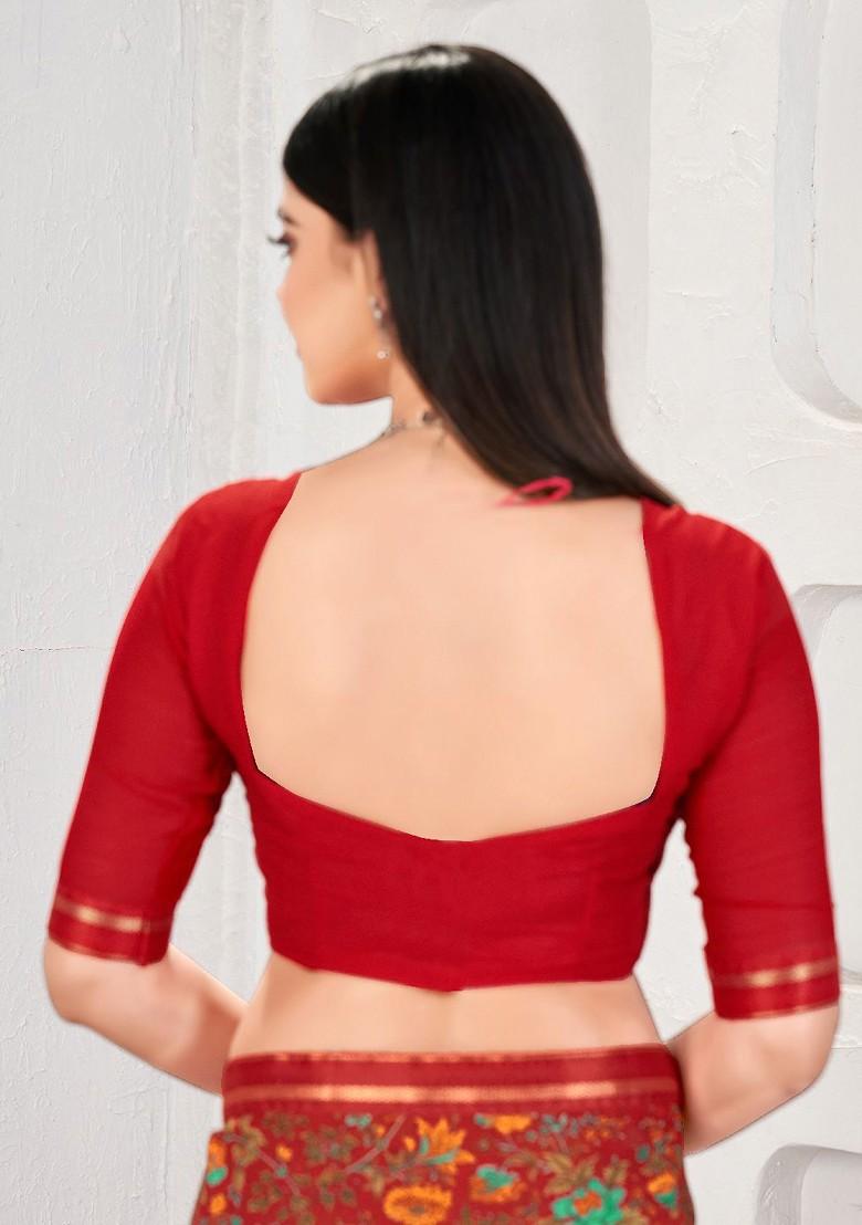Red Floral Print Blended Saree Set