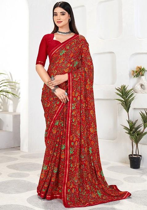 Red Floral Print Blended Saree Set