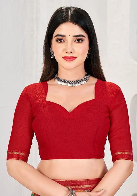 Red Floral Print Blended Saree Set