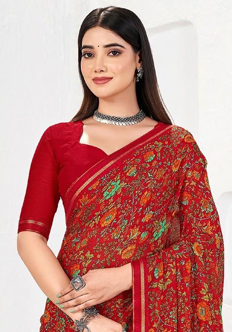 Red Floral Print Blended Saree Set