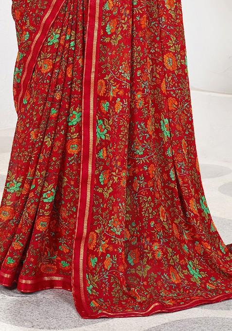 Red Floral Print Blended Saree Set