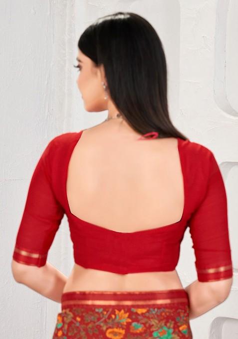 Red Floral Print Blended Saree Set
