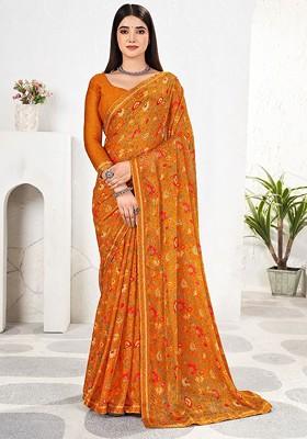 Mustard Floral Print Blended Saree Set