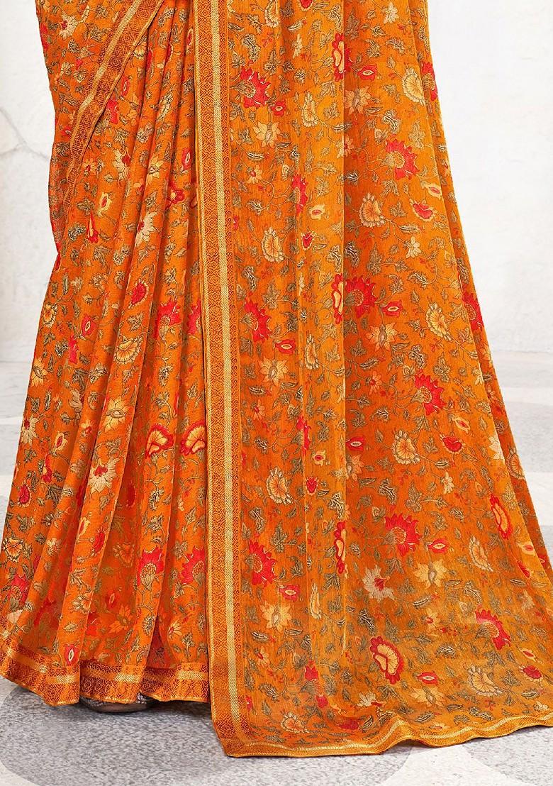 Mustard Floral Print Blended Saree Set - Indya
