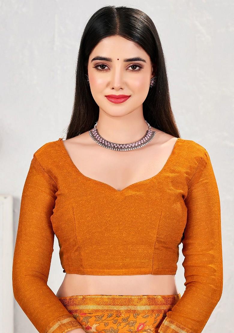 Mustard Floral Print Blended Saree Set - Indya