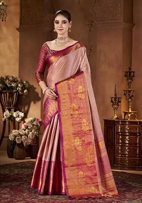 Peach Zari Printed Blended Saree Set