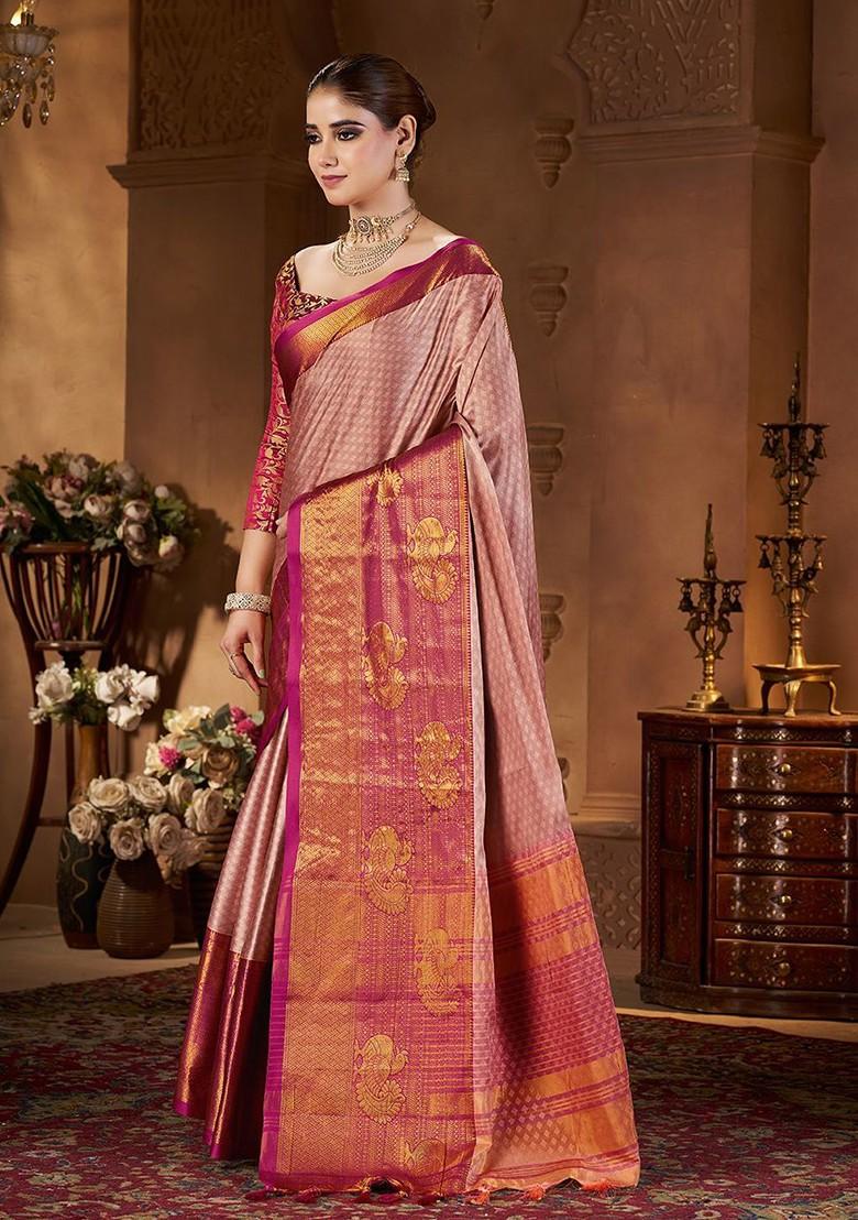 Peach Zari Printed Blended Saree Set - Indya