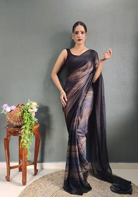 Grey Embroidered Blended Saree Set
