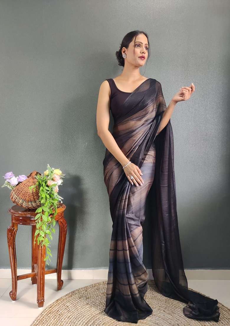 Grey Blended Saree Set with Embroidered for Diwali | Wedding & Festive Wear - Indya