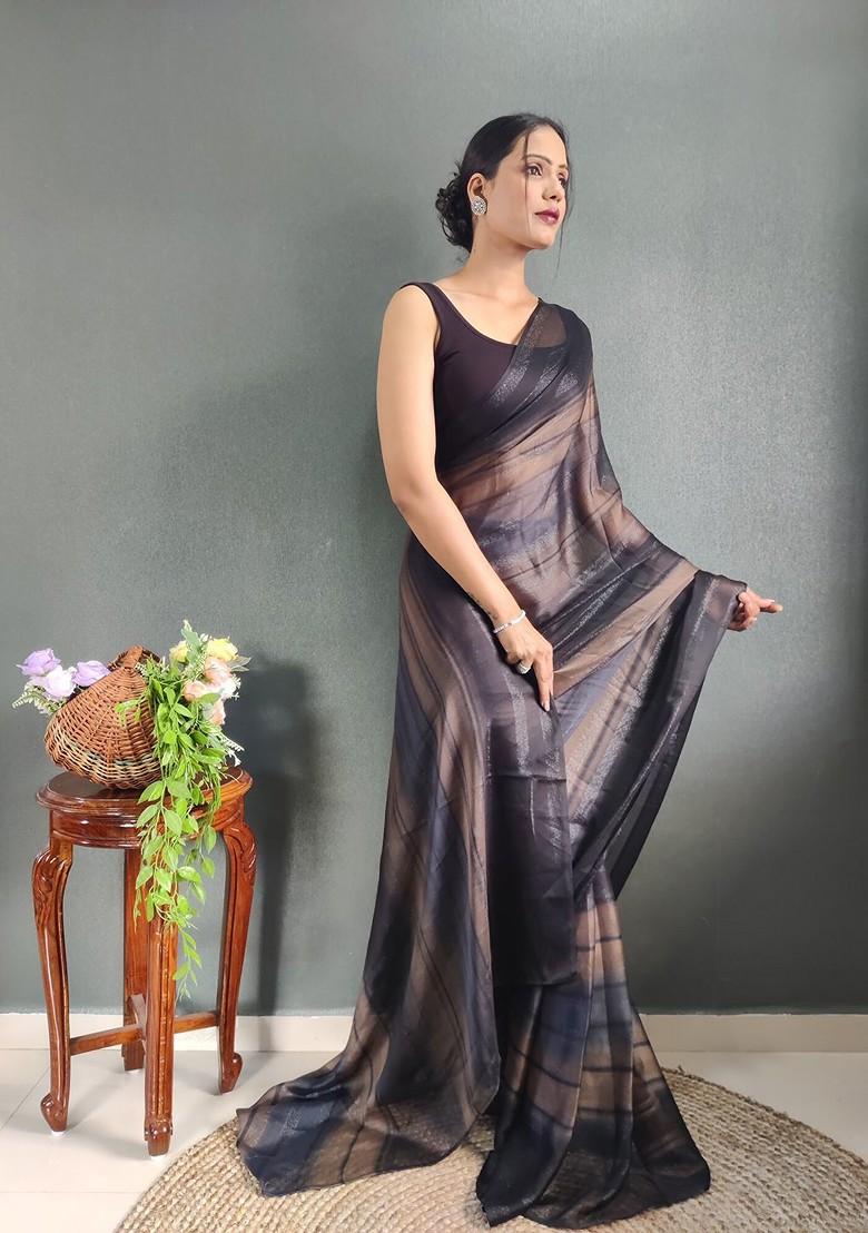 Grey Embroidered Blended Saree Set - Indya