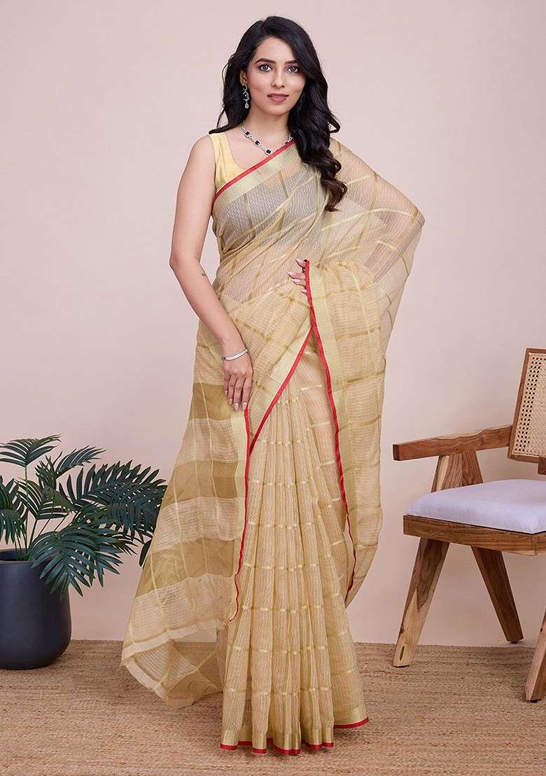 Cream Zari Printed Blended Saree Set for Diwali and Festive Wear - Indya