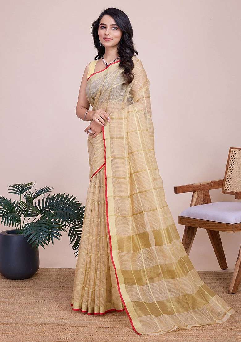 Cream Zari Printed Blended Saree Set - Indya