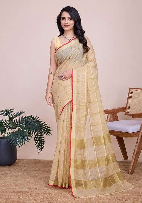 Cream Zari Printed Blended Saree Set for Diwali and Festive Wear