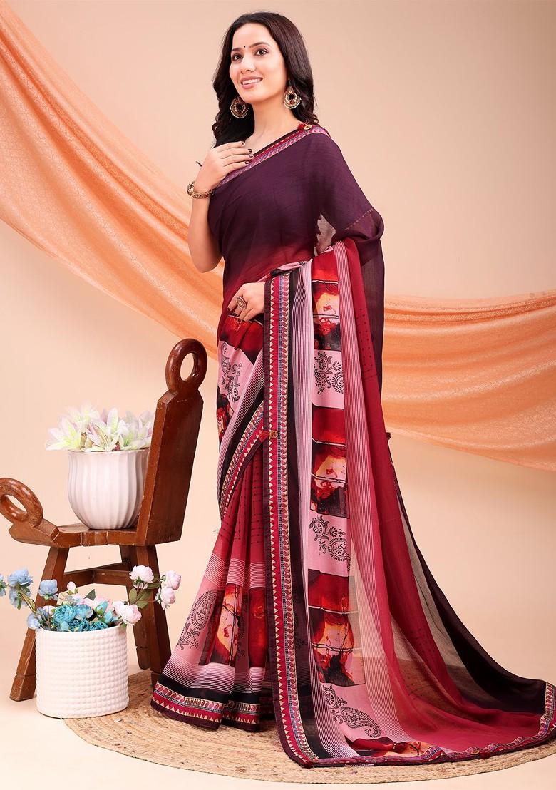 Burgundy Printed Blended Saree Set - Indya