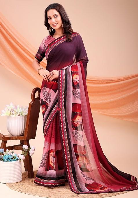 Burgundy Printed Blended Saree Set