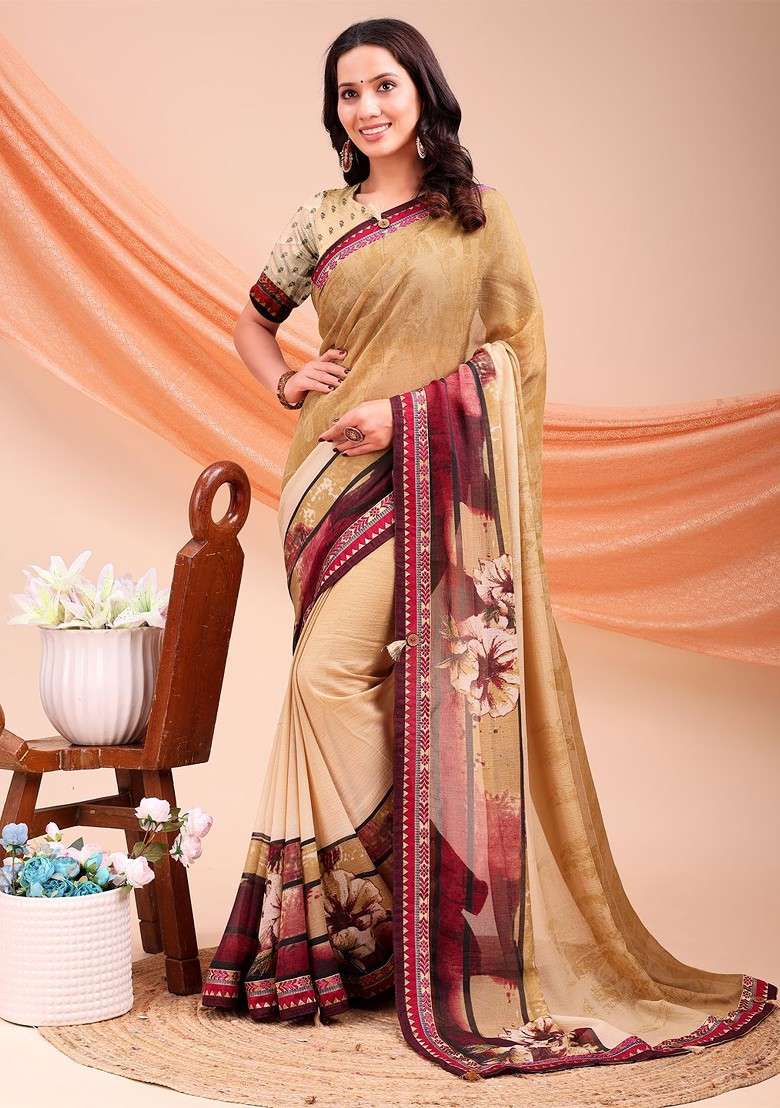 Beige Blended Saree Set with Printed for Diwali | Wedding & Festive Wear - Indya