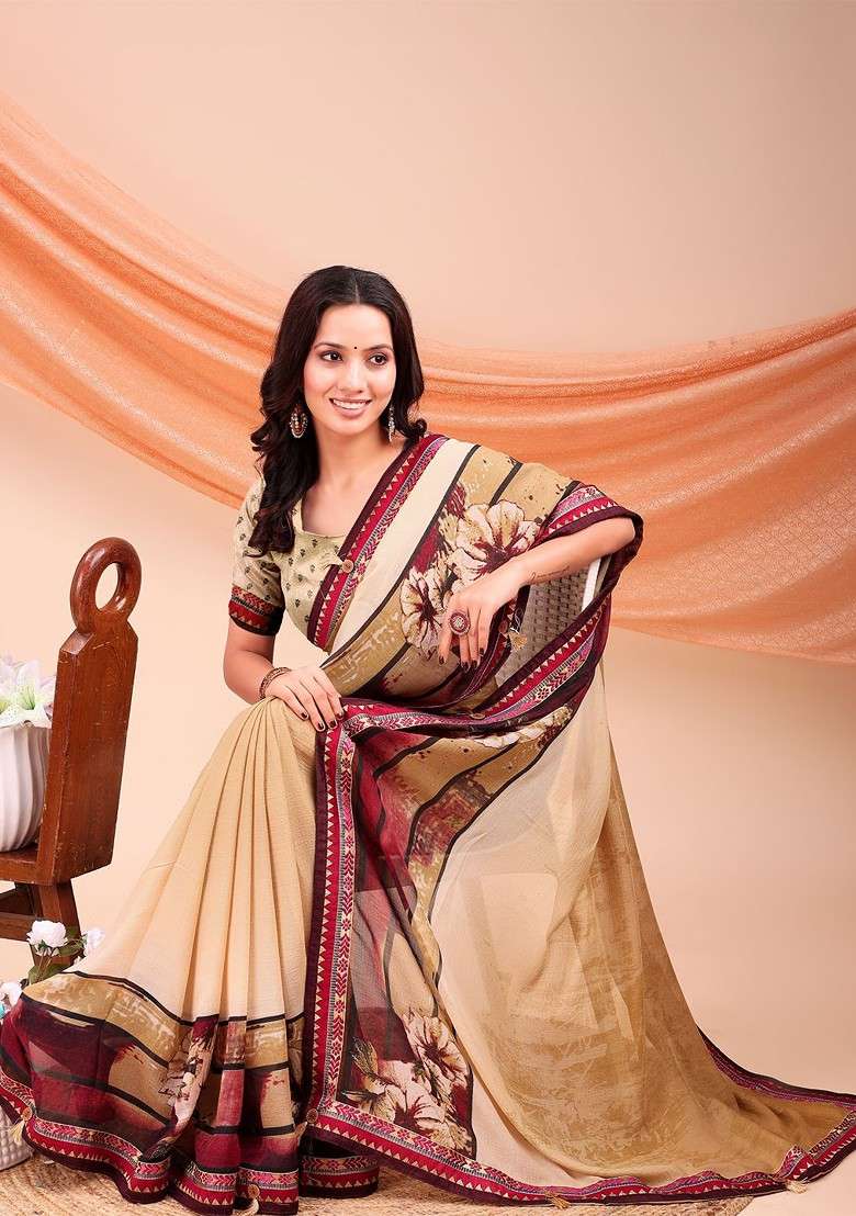Beige Blended Saree Set with Printed for Diwali | Wedding & Festive Wear - Indya