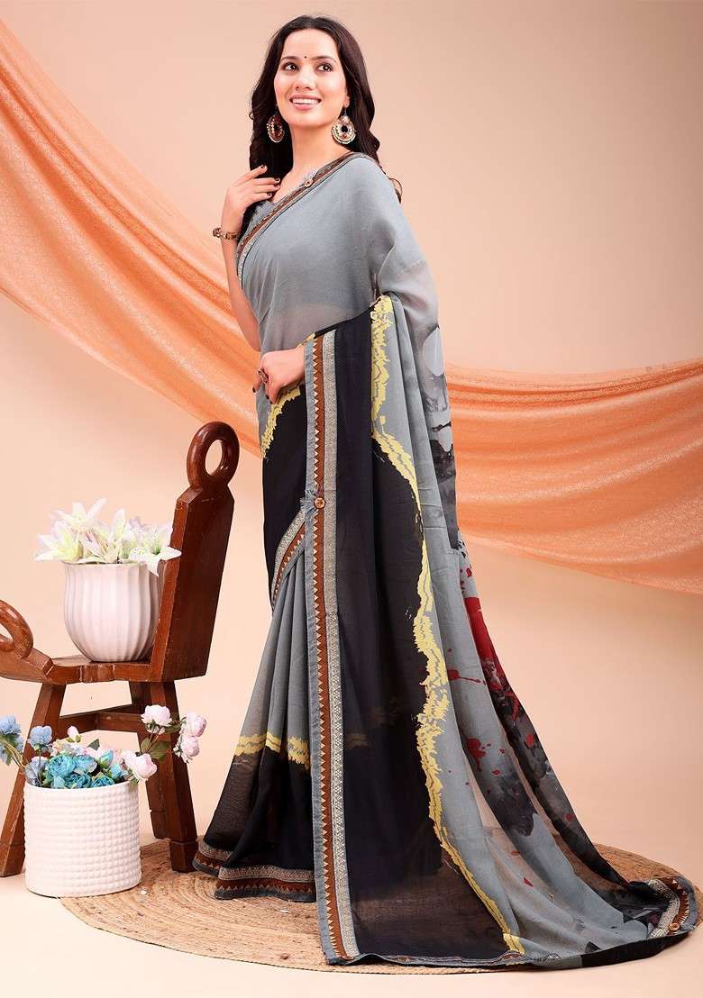 Grey Zari Printed Blended Saree Set for Diwali and Festive Wear - Indya