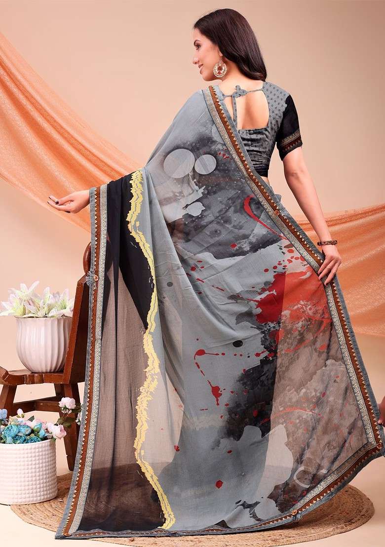 Grey Zari Printed Blended Saree Set for Diwali and Festive Wear - Indya