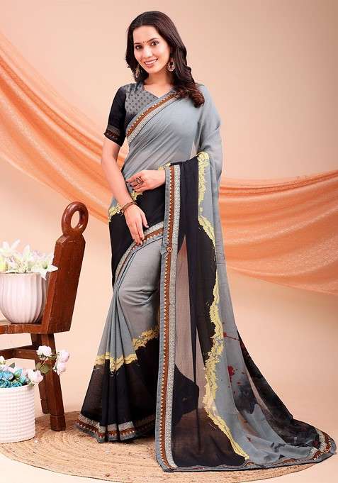 Grey Zari Printed Blended Saree Set for Diwali and Festive Wear