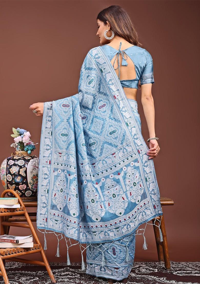 Blue Embroidered Blended Saree Set - Indya