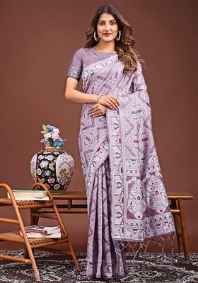 Lavender Embroidered Blended Saree Set