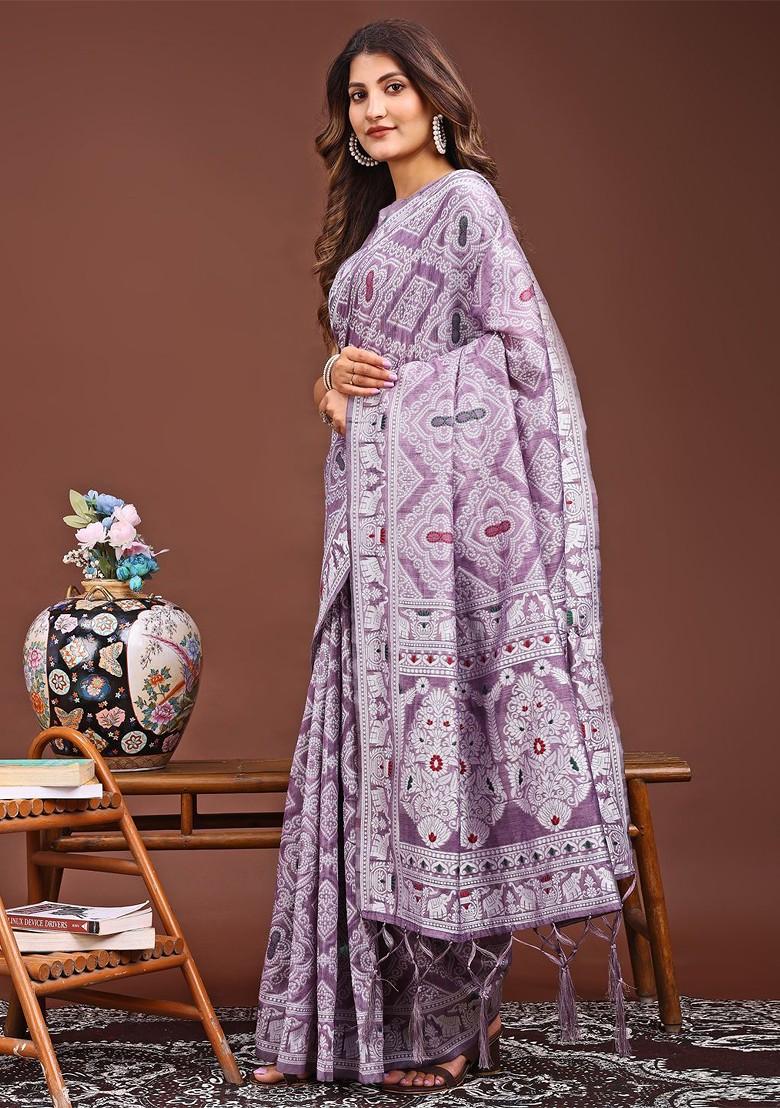 Lavender Embroidered Blended Saree Set - Indya