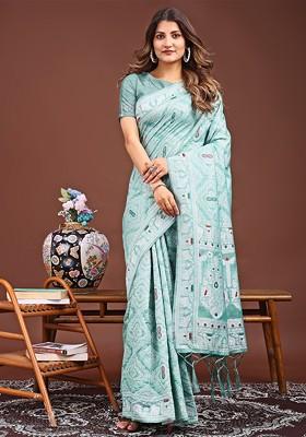 Green Embroidered Blended Saree Set
