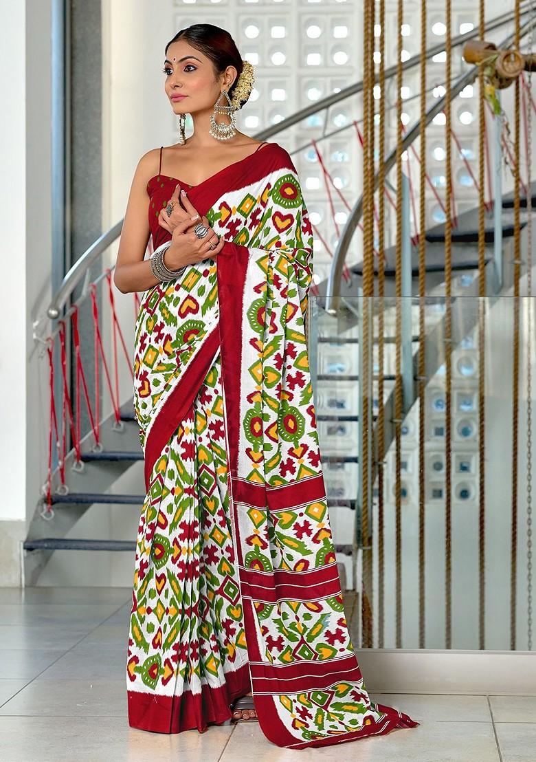 Maroon Printed Blended Saree Set - Indya