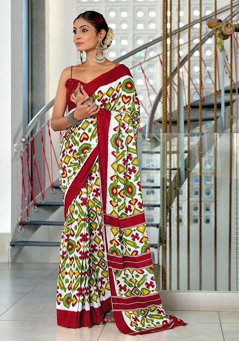 Maroon Printed Blended Saree Set