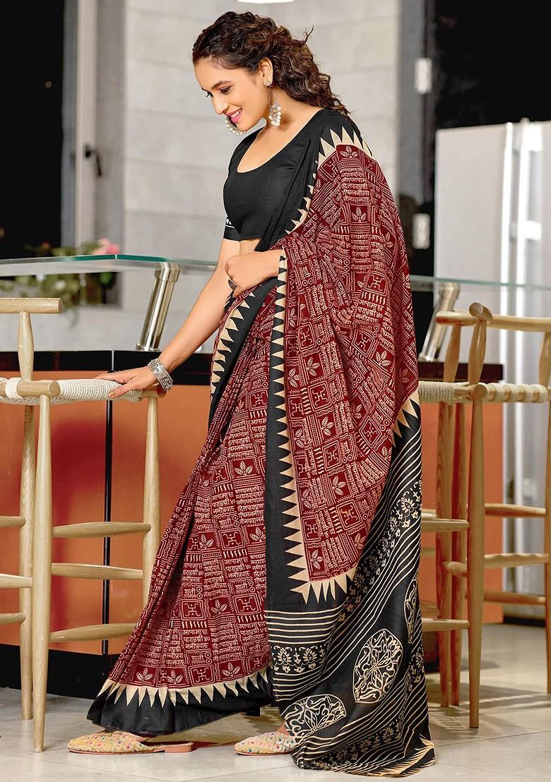 Maroon Printed Blended Saree Set - Indya