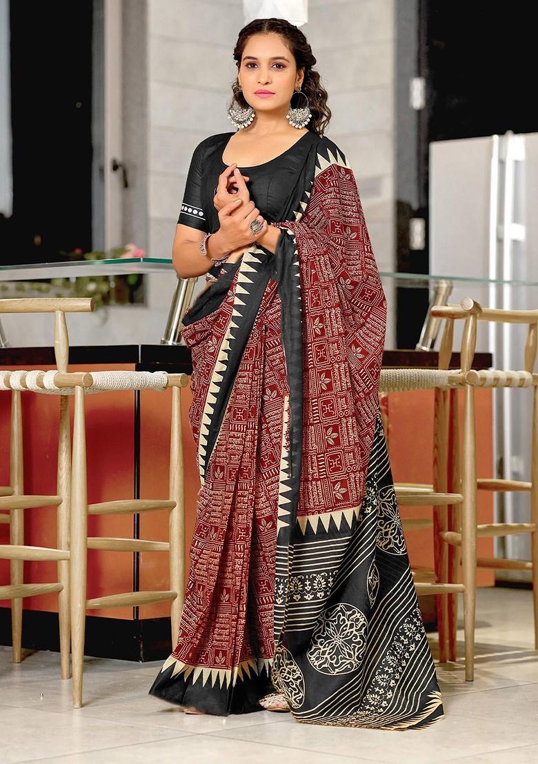 Maroon Printed Blended Saree Set - Indya