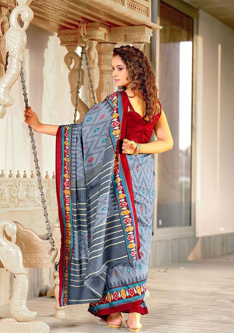 Grey Blended Saree Set with Printed for Diwali | Wedding & Festive Wear - Indya