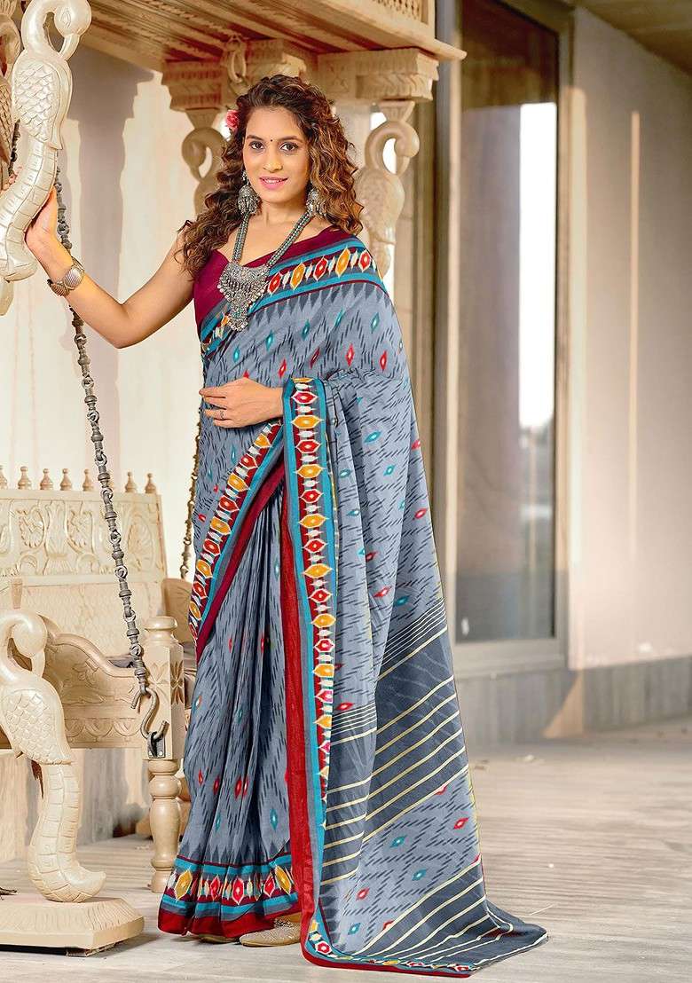 Grey Blended Saree Set with Printed for Diwali | Wedding & Festive Wear - Indya