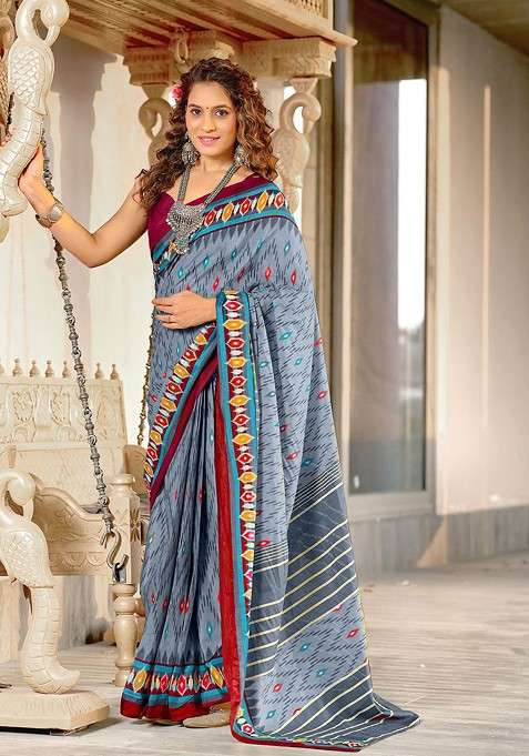 Grey Blended Saree Set with Printed for Diwali | Wedding & Festive Wear
